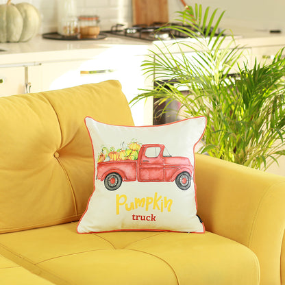 Fall Season Decorative Single Throw Pillow Red Pumpkin Truck 18" x 18" White & Red Square Thanksgiving for Couch, Bedding