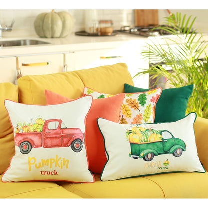 Fall Season Decorative Single Throw Pillow Red Pumpkin Truck 18" x 18" White & Red Square Thanksgiving for Couch, Bedding