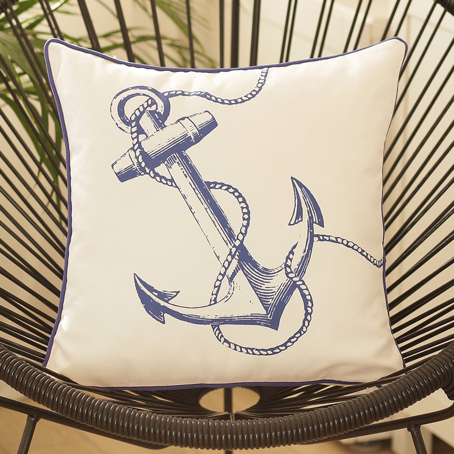 Decorative Single Nautical Coastal Throw Pillow 18" x 18" Square White & Blue