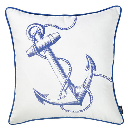 Decorative Single Nautical Coastal Throw Pillow 18" x 18" Square White & Blue