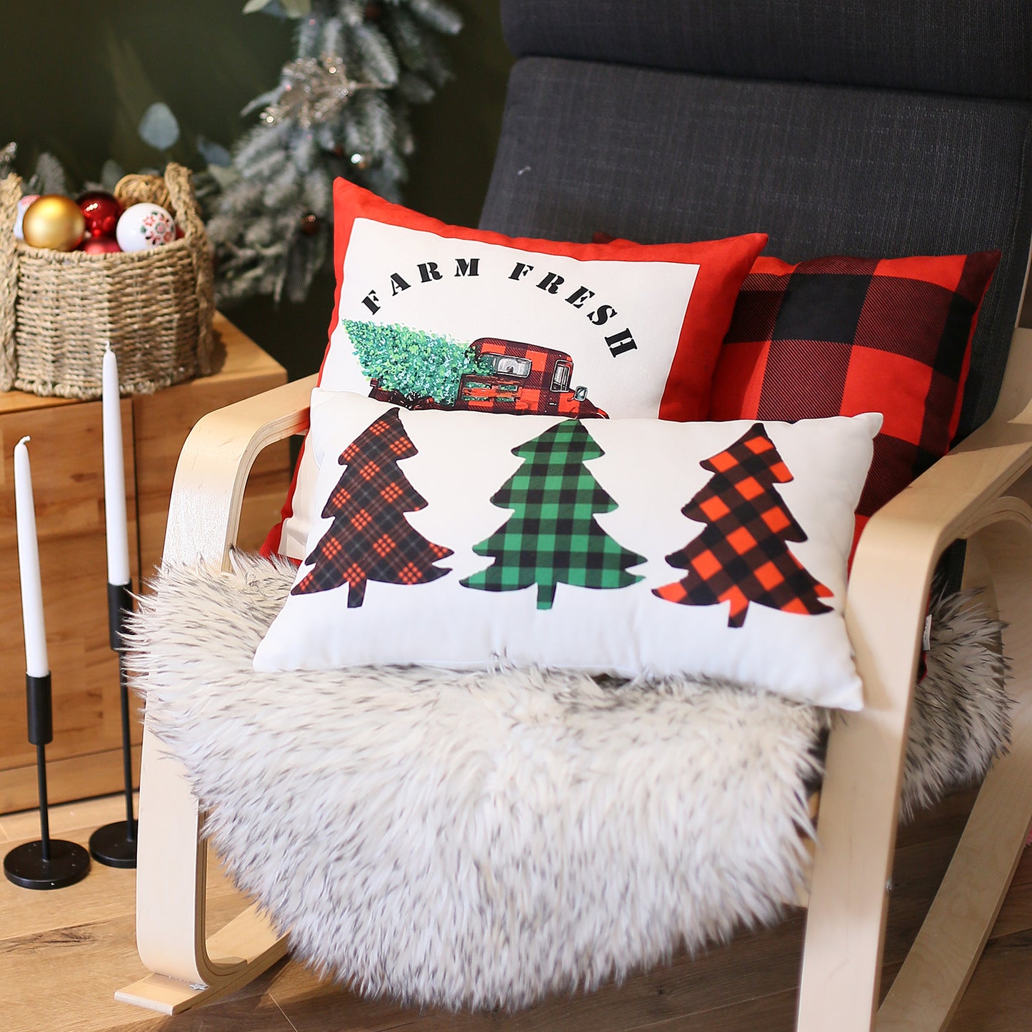 Christmas Plaid Decorative Single Throw Pillow 18" x 18" Red Square for Couch, Bedding