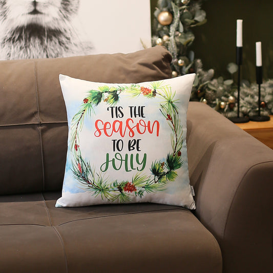 Christmas Themed Decorative Single Throw Pillow 18" x 18" White & Green Square for Couch, Bedding