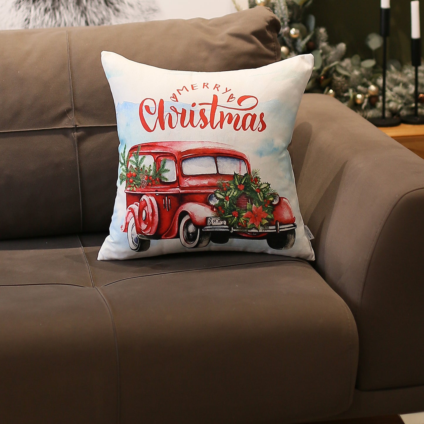 Christmas Car Decorative Single Throw Pillow 18" x 18" White & Red Square for Couch, Bedding