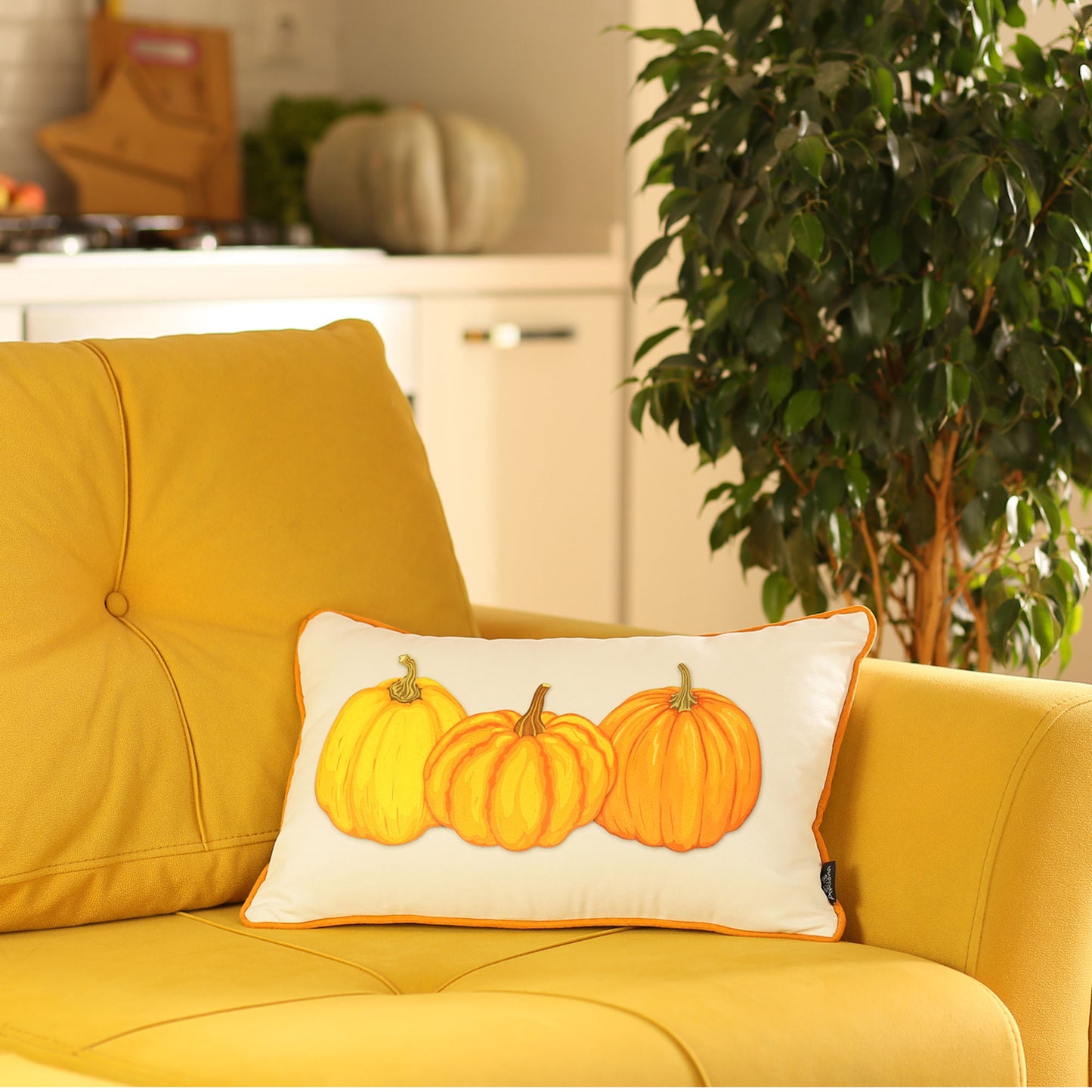 Fall Season Decorative Single Throw Pillow  Pumpkins 12" x 20" White & Orange Lumbar Thanksgiving for Couch, Bedding