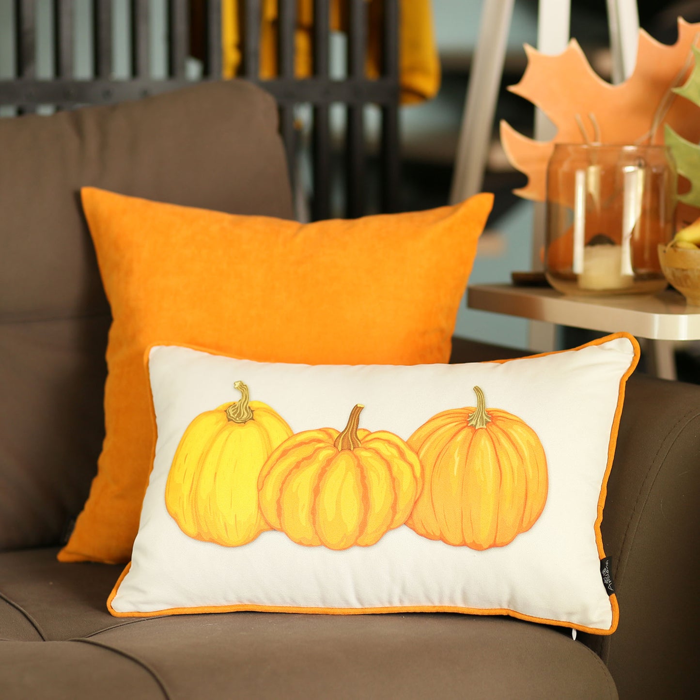 Fall Season Decorative Single Throw Pillow  Pumpkins 12" x 20" White & Orange Lumbar Thanksgiving for Couch, Bedding