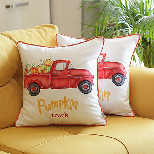 Fall Season Decorative Throw Pillow Set of 2 Red Pumpkin Truck 18" x 18" White & Red Square Thanksgiving for Couch, Bedding