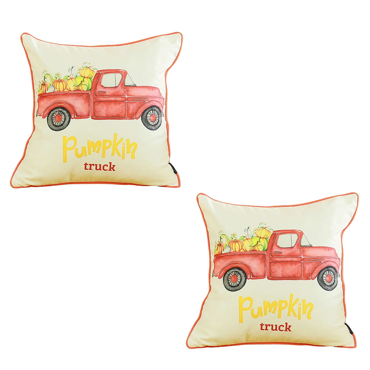 Fall Season Decorative Throw Pillow Set of 2 Red Pumpkin Truck 18" x 18" White & Red Square Thanksgiving for Couch, Bedding