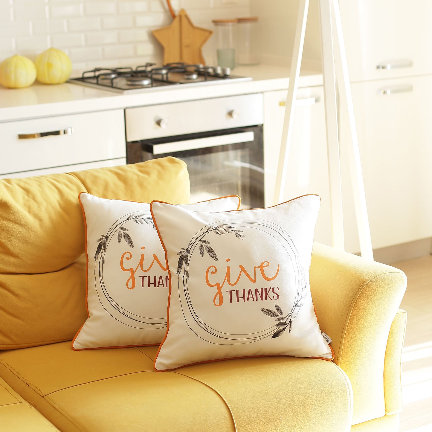 Fall Season Decorative Throw Pillow Set of 2 Quote 18" x 18" White & Orange Square Thanksgiving for Couch, Bedding