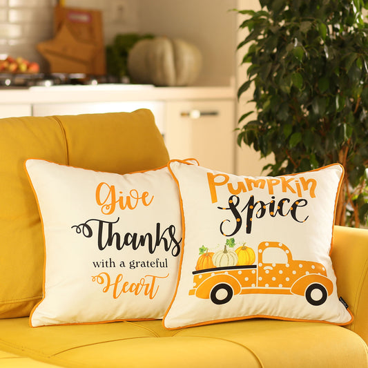 Fall Season Decorative Throw Pillow  Set of 2 Pumpkin Truck & Quote 18" x 18" White & Orange Square Thanksgiving for Couch, Bedding