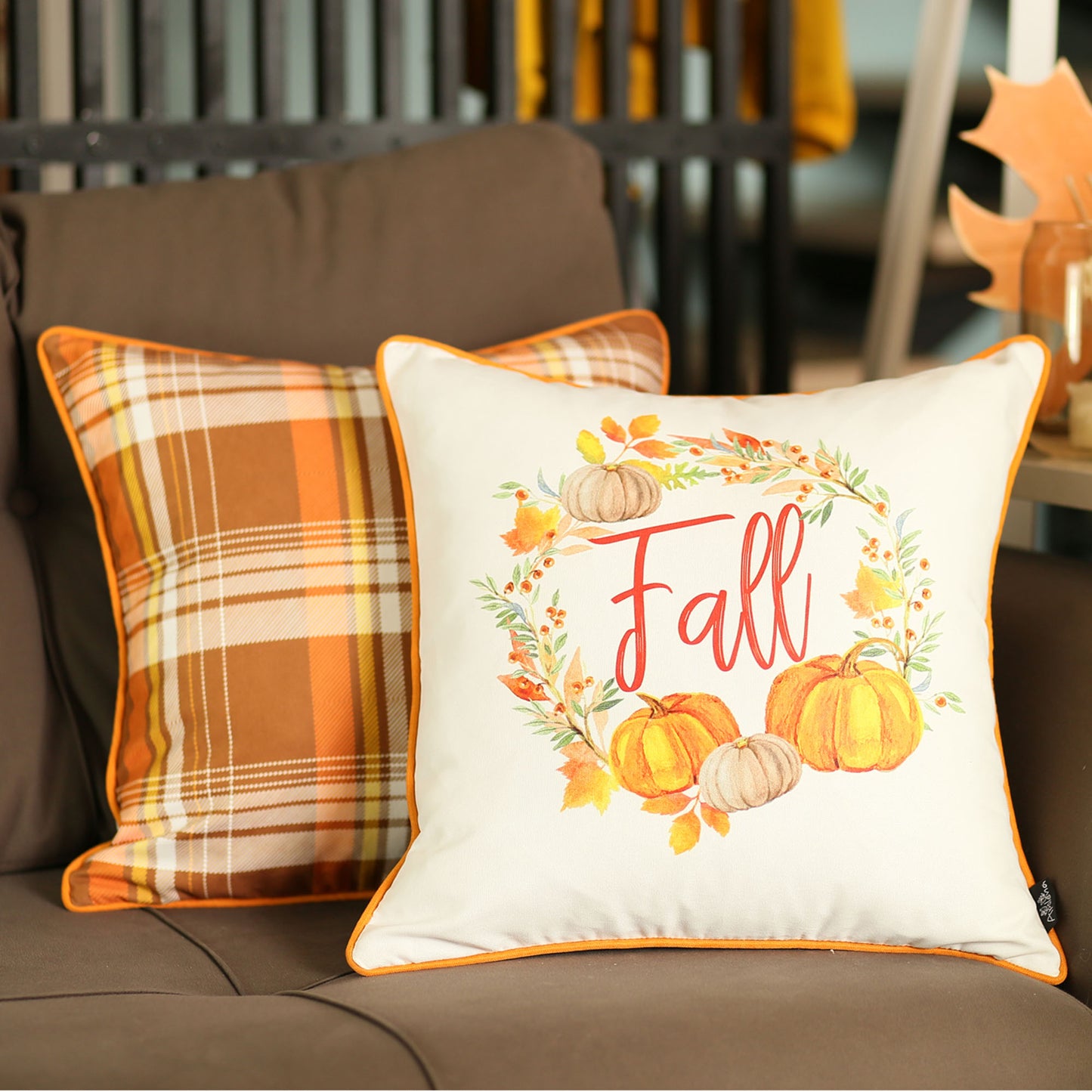 Fall Season Decorative Throw Pillow  Set of 2 Plaid & Pumpkins 18" x 18" Yellow & Orange Square Thanksgiving for Couch, Bedding