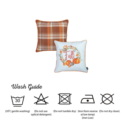 Fall Season Decorative Throw Pillow  Set of 2 Plaid & Pumpkins 18" x 18" Yellow & Orange Square Thanksgiving for Couch, Bedding