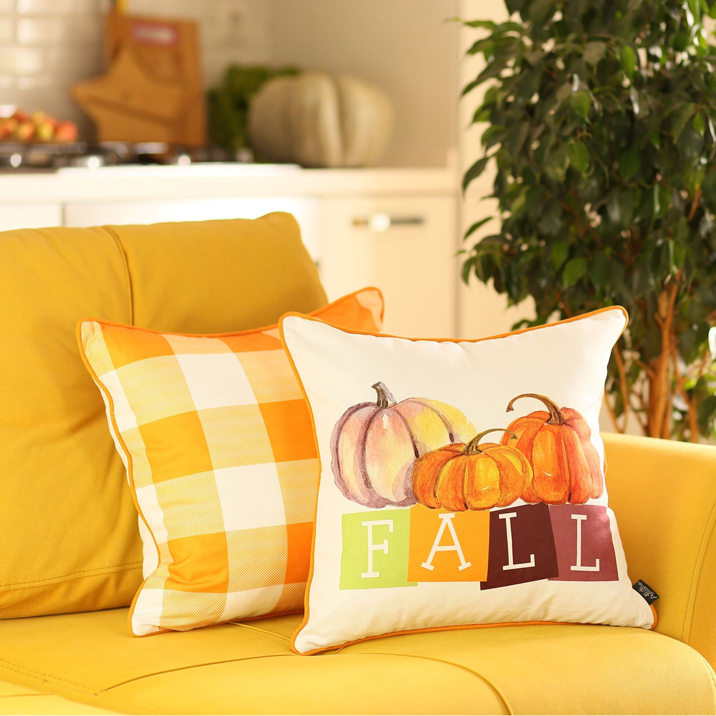 Fall Season Decorative Throw Pillow Set of 2 Plaid & Pumpkins 18" x 18" Yellow & Orange Square Thanksgiving for Couch, Bedding