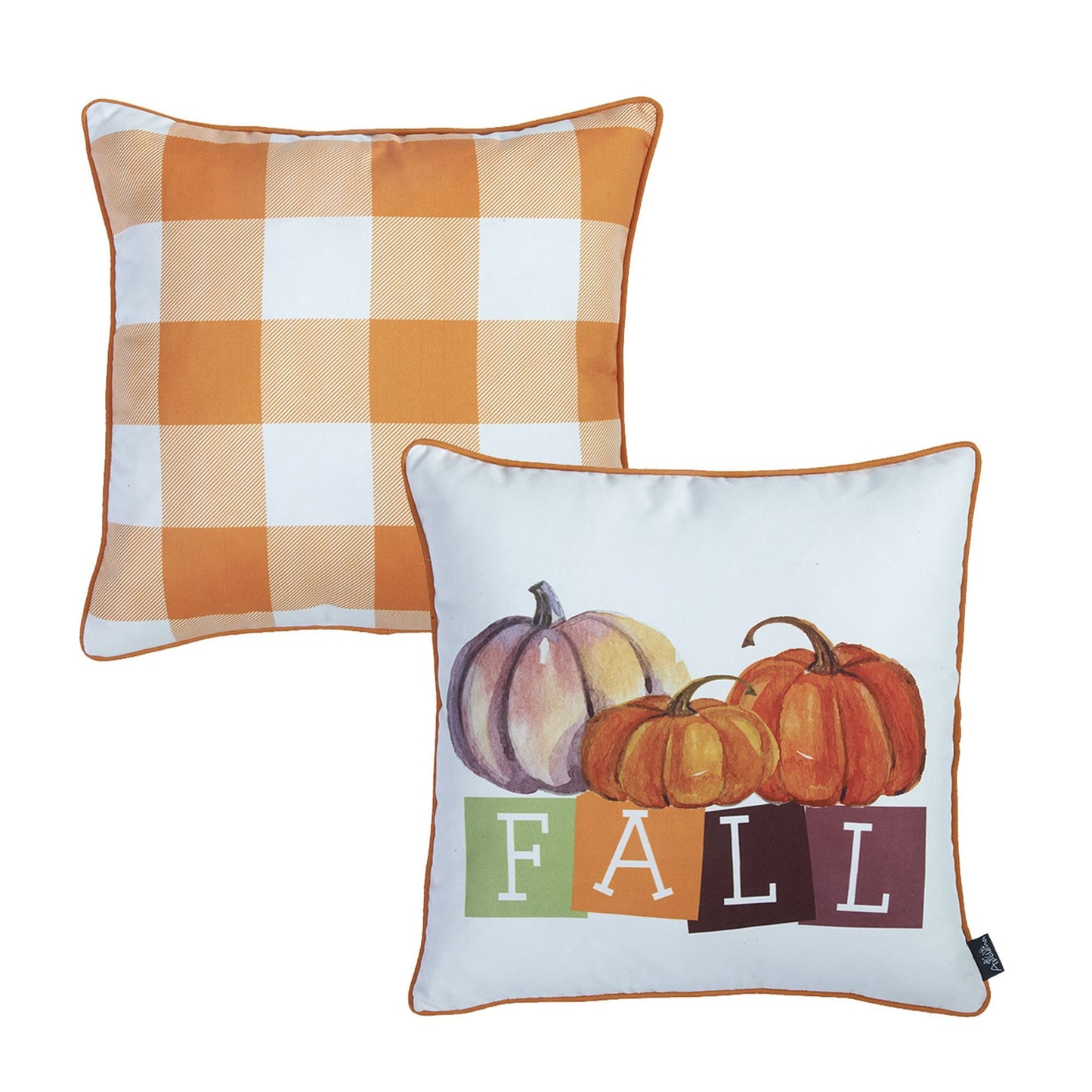 Fall Season Decorative Throw Pillow Set of 2 Plaid & Pumpkins 18" x 18" Yellow & Orange Square Thanksgiving for Couch, Bedding