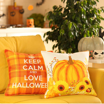 Fall Season Decorative Throw Pillow Set of 2 Halloween Quote Plaid & Pumpkin 18" x 18" Orange Square for Couch, Bedding