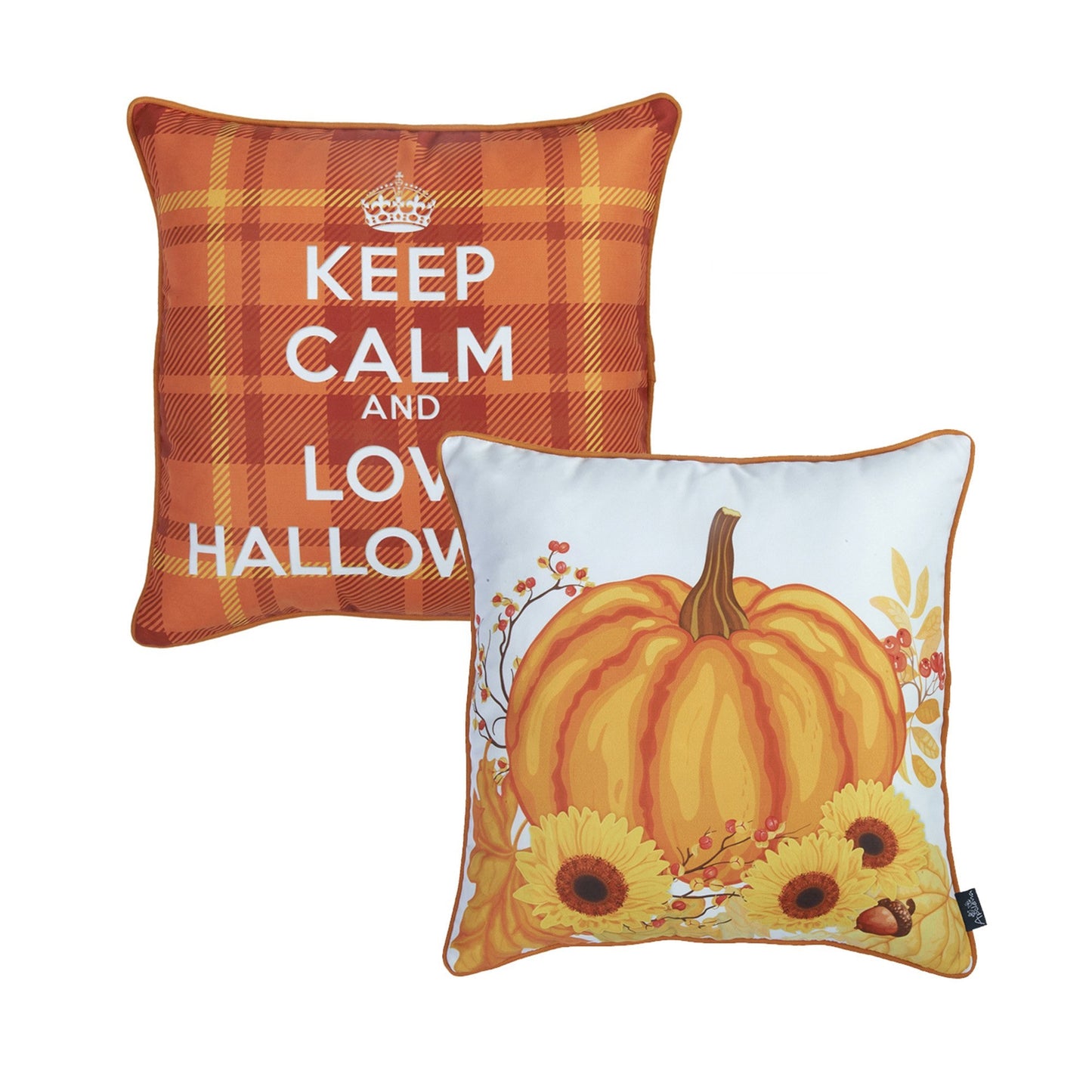 Fall Season Decorative Throw Pillow Set of 2 Halloween Quote Plaid & Pumpkin 18" x 18" Orange Square for Couch, Bedding