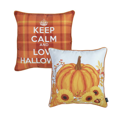 Fall Season Decorative Throw Pillow Set of 2 Halloween Quote Plaid & Pumpkin 18" x 18" Orange Square for Couch, Bedding