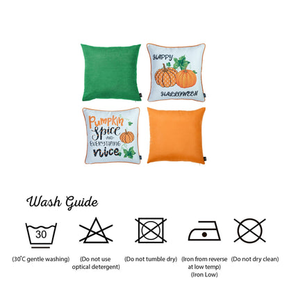 Fall Season Decorative Throw Pillow  Set of 4 Halloween Quote & Pumpkins 18" x 18" Orange & Green Square for Couch, Bedding