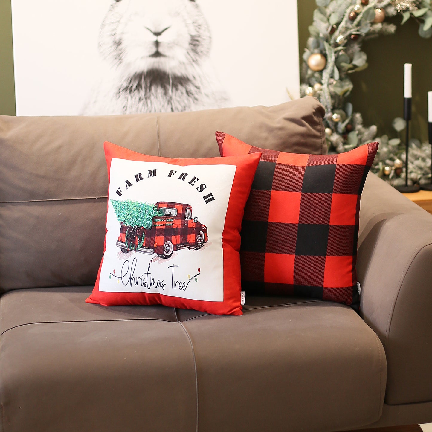 Christmas Plaid & Truck Decorative Throw Pillow Set of 2 Square 18" x 18" Red for Couch, Bedding