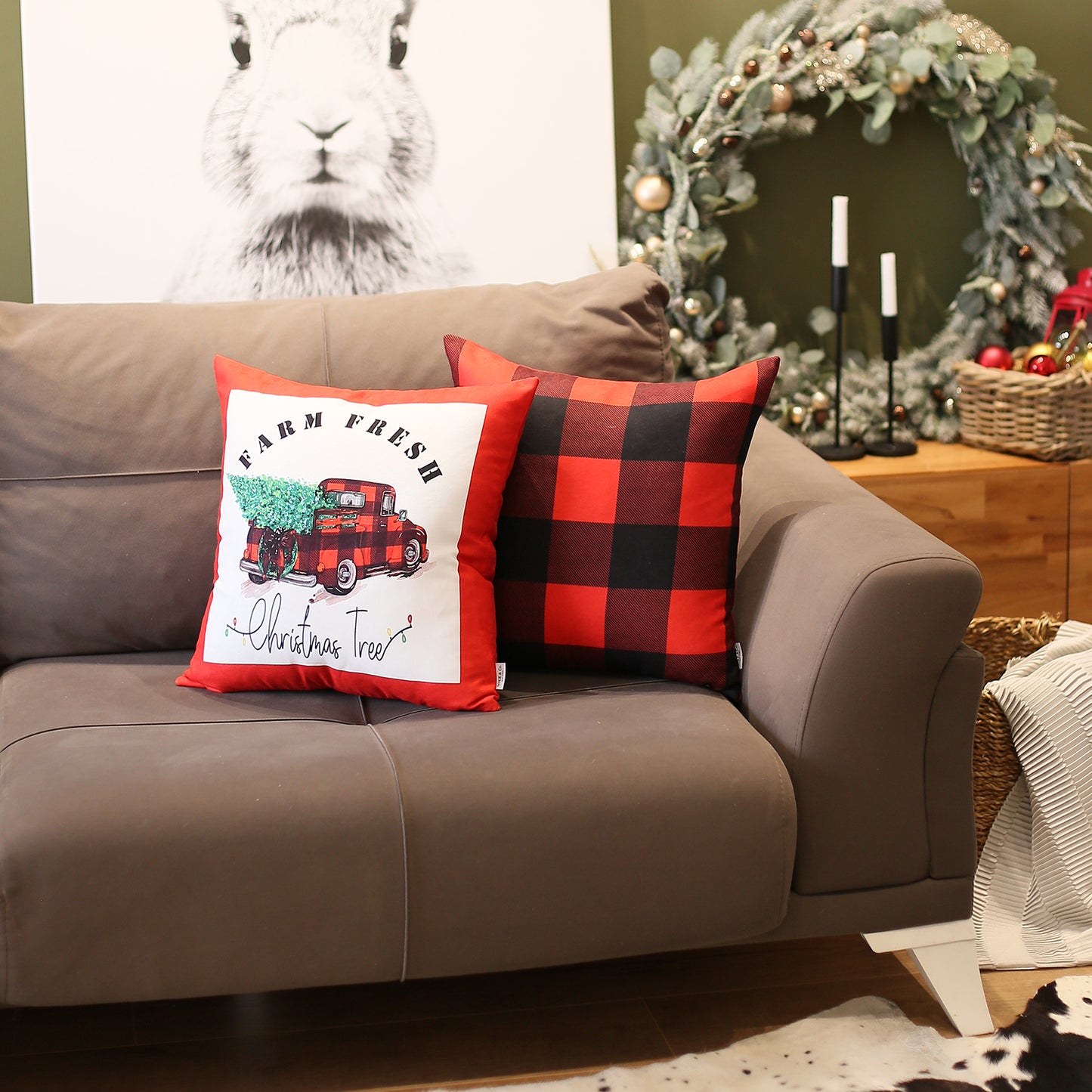 Christmas Plaid & Truck Decorative Throw Pillow Set of 2 Square 18" x 18" Red for Couch, Bedding