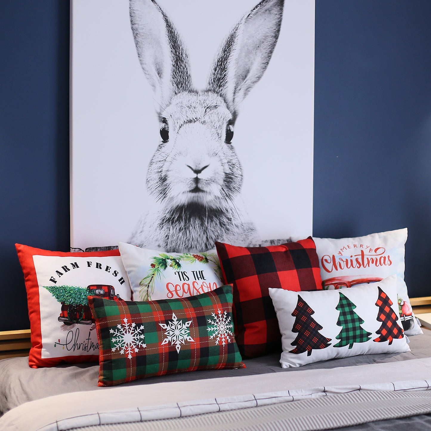 Christmas Plaid & Truck Decorative Throw Pillow Set of 2 Square 18" x 18" Red for Couch, Bedding