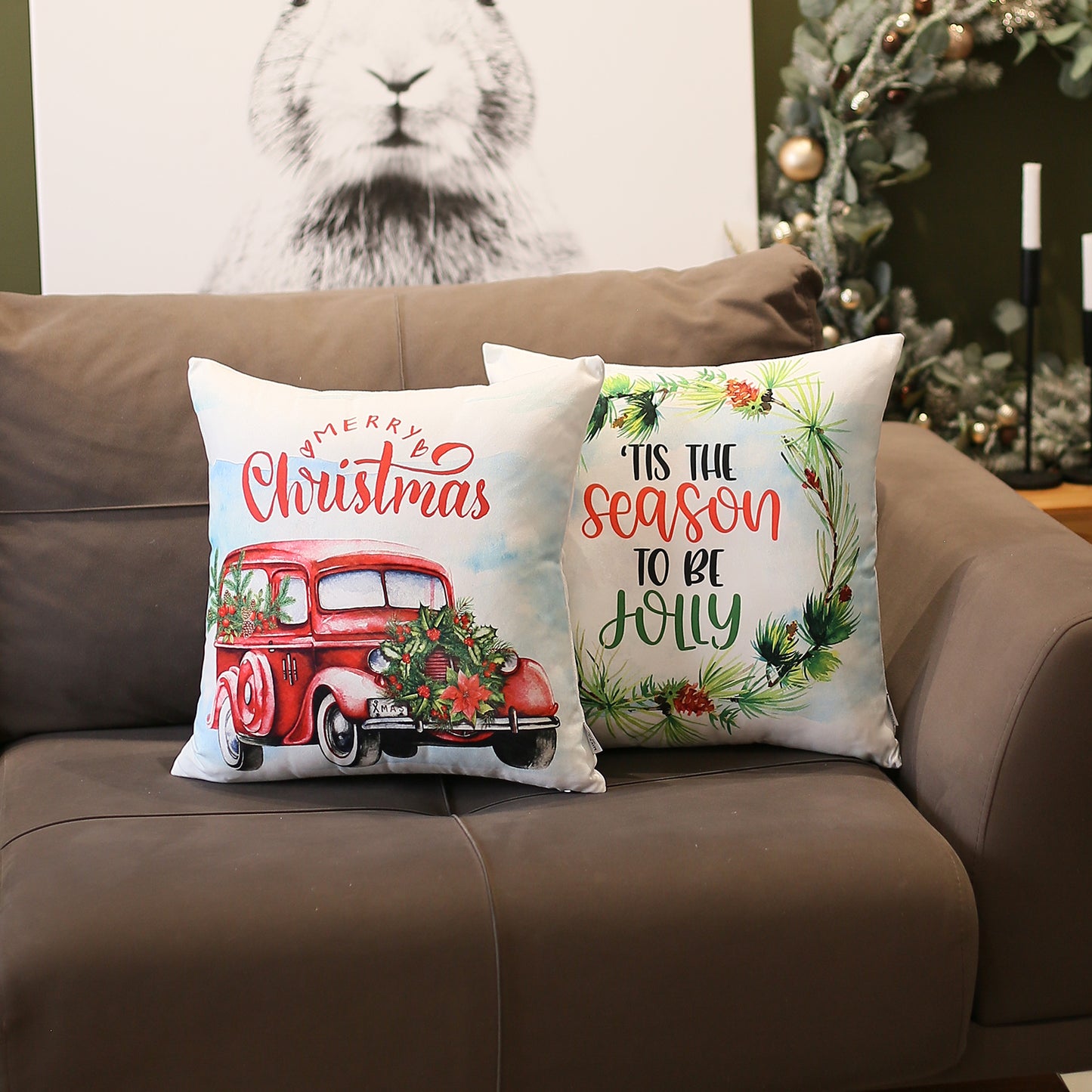 Christmas Car & Quote Decorative Throw Pillow Set of 2 Square 18" x 18" White & Red for Couch, Bedding