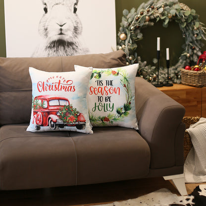 Christmas Car & Quote Decorative Throw Pillow Set of 2 Square 18" x 18" White & Red for Couch, Bedding