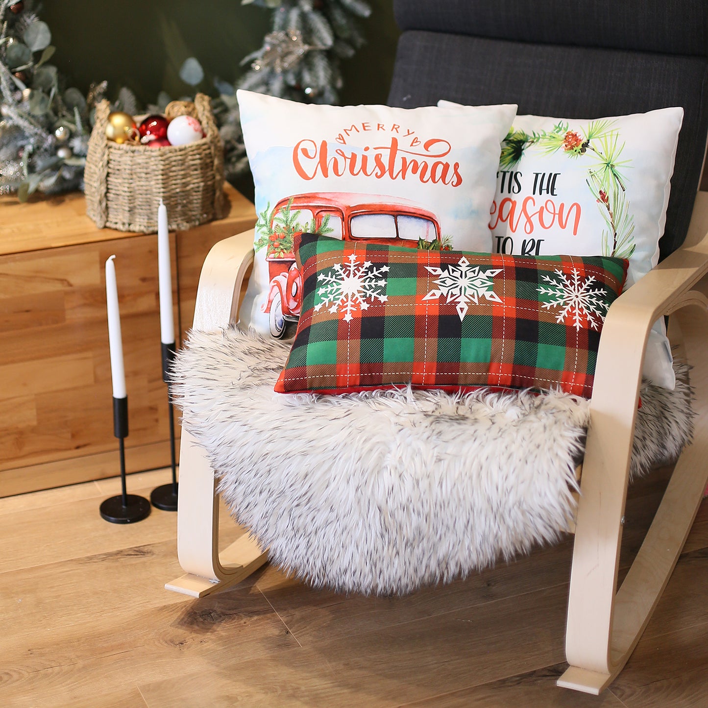 Christmas Car & Quote Decorative Throw Pillow Set of 2 Square 18" x 18" White & Red for Couch, Bedding