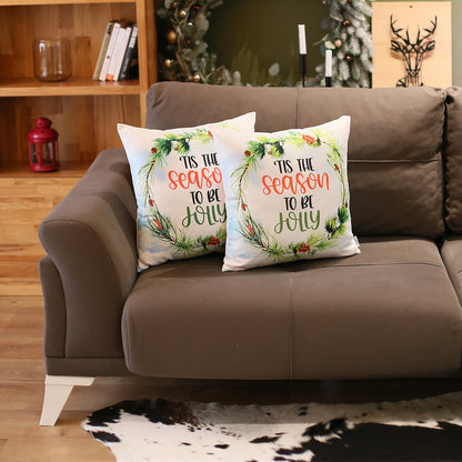 Christmas Themed Decorative Throw Pillow Set of 2 Square 18" x 18" White & Green for Couch, Bedding