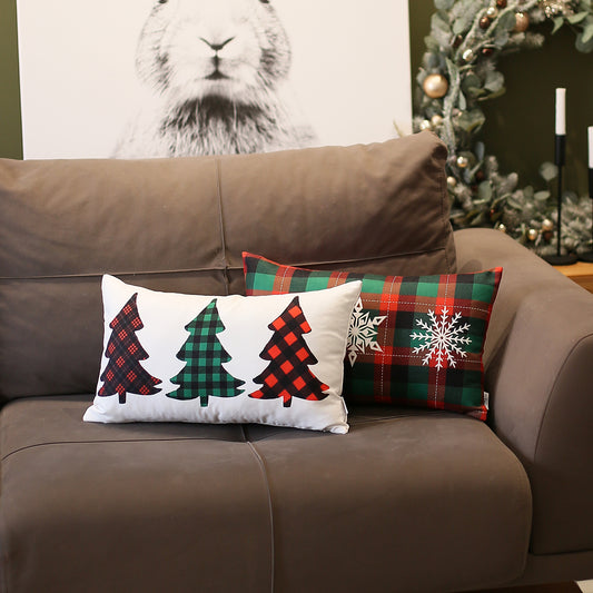 Christmas Tree & Plaid Decorative Throw Pillow Set of 2 Lumbar 12" x 20" White & Red for Couch, Bedding