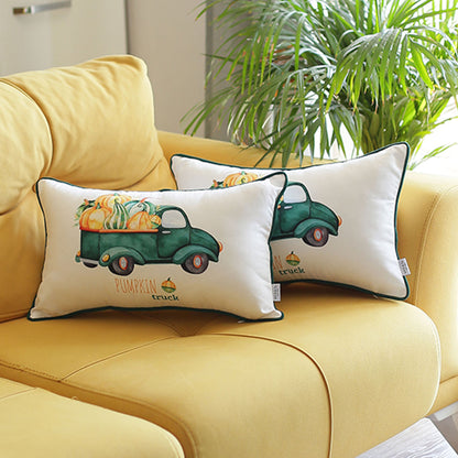 Fall Season Decorative  Throw Pillow  Set of 2 Pumpkin Truck 12" x 20" White & Green Lumbar Thanksgiving for Couch, Bedding