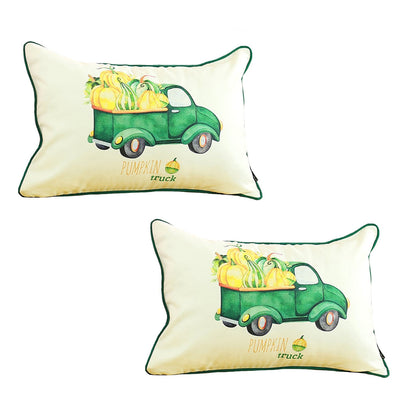 Fall Season Decorative  Throw Pillow  Set of 2 Pumpkin Truck 12" x 20" White & Green Lumbar Thanksgiving for Couch, Bedding