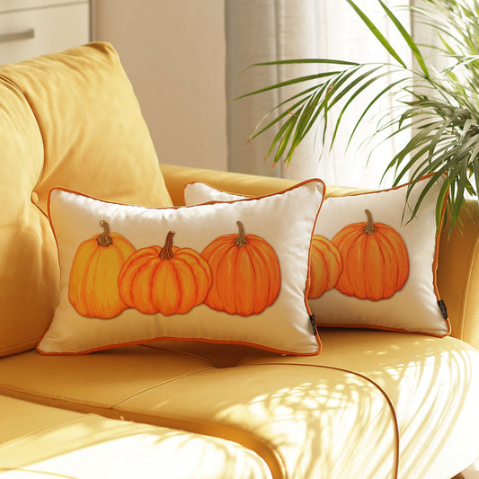 Fall Season Decorative  Throw Pillow  Set of 2 Pumpkins 12" x 20" White & Orange Lumbar Thanksgiving for Couch, Bedding