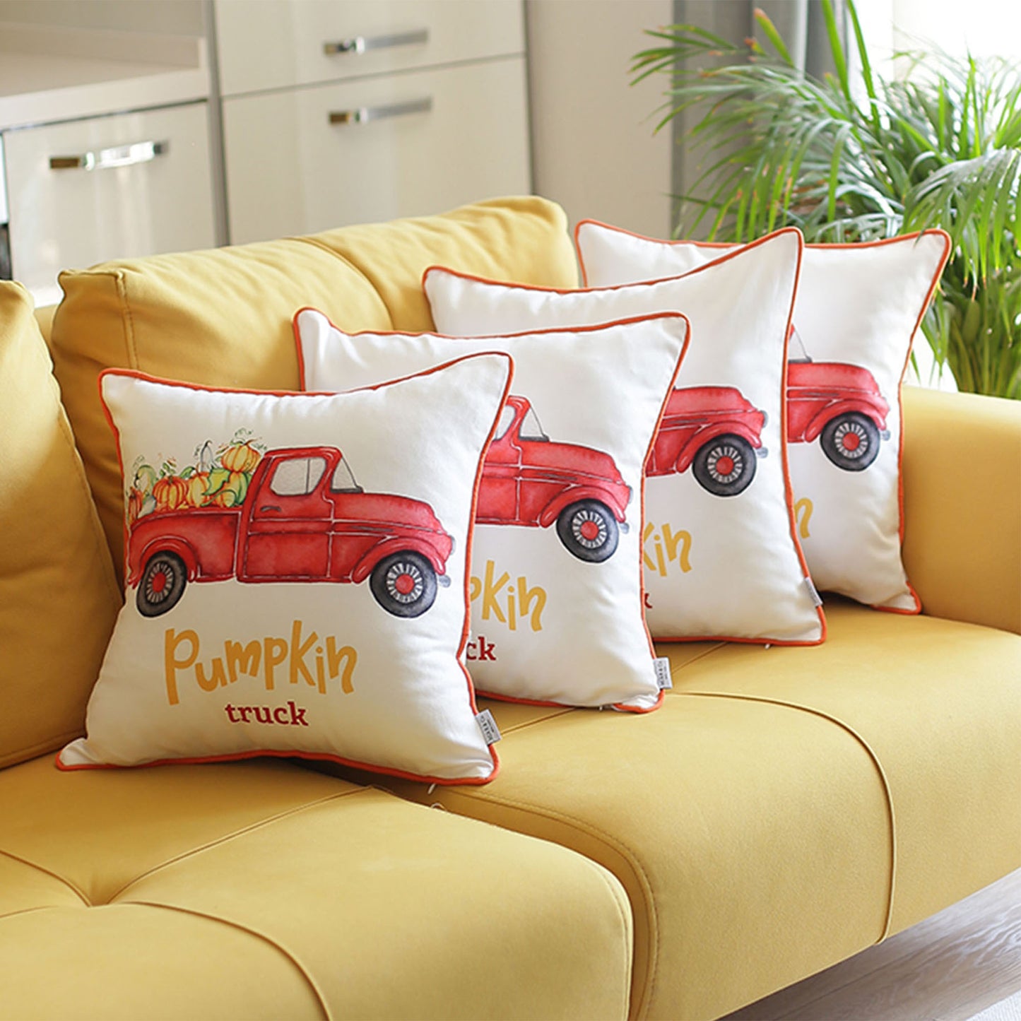 Fall Season Decorative Throw Pillow Set of 4 Red Pumpkin Truck 18" x 18" White & Red Square Thanksgiving for Couch, Bedding