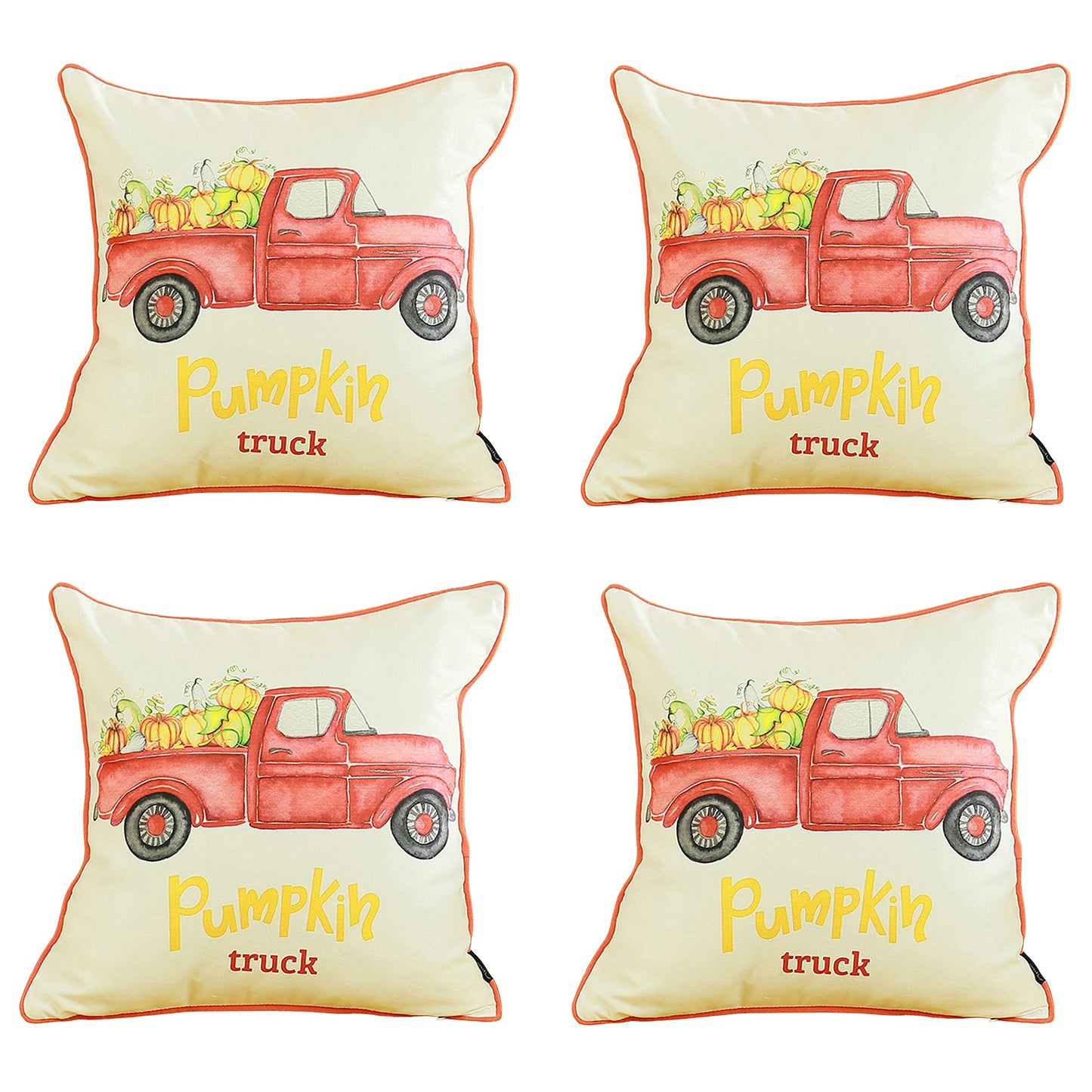 Fall Season Decorative Throw Pillow Set of 4 Red Pumpkin Truck 18" x 18" White & Red Square Thanksgiving for Couch, Bedding