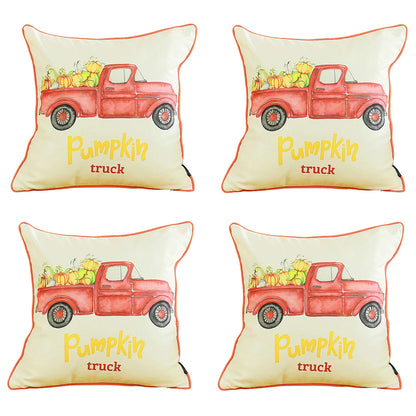 Fall Season Decorative Throw Pillow Set of 4 Red Pumpkin Truck 18" x 18" White & Red Square Thanksgiving for Couch, Bedding