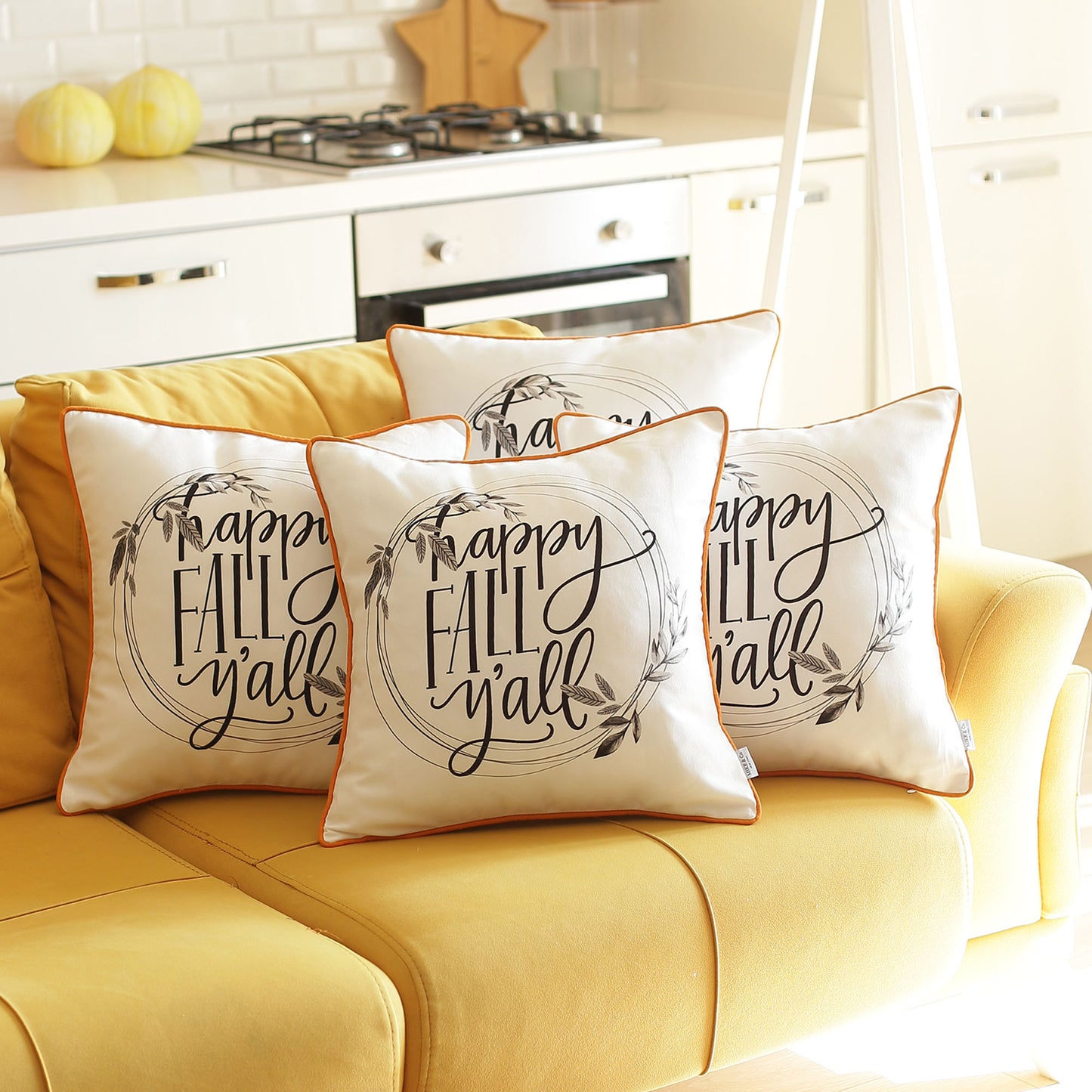 Fall Season Decorative Throw Pillow Set of 4 Quote 18" x 18" White & Orange Square Thanksgiving for Couch, Bedding