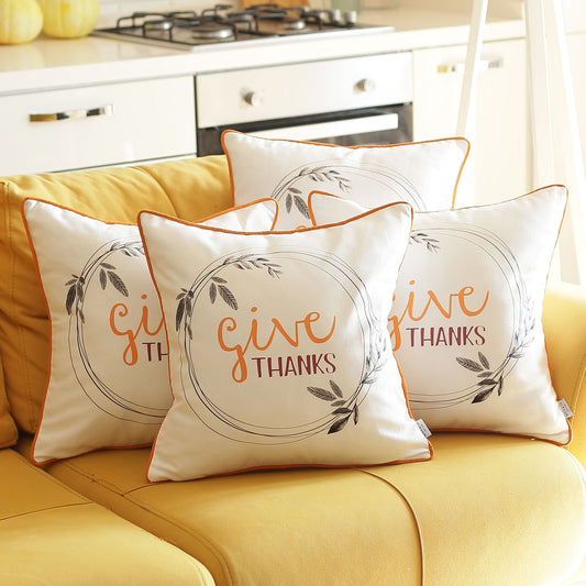 Fall Season Decorative Throw Pillow Set of 4 Quote 18" x 18" White & Orange Square Thanksgiving for Couch, Bedding