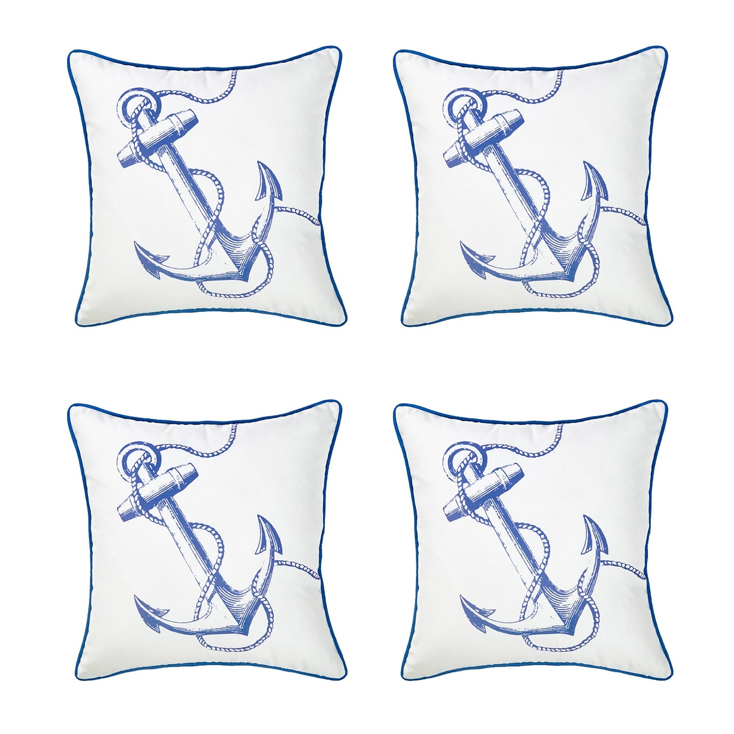 Decorative Set of 4 Nautical Coastal Throw Pillows 18" x 18" Square White & Blue