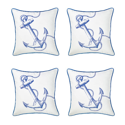 Decorative Set of 4 Nautical Coastal Throw Pillows 18" x 18" Square White & Blue