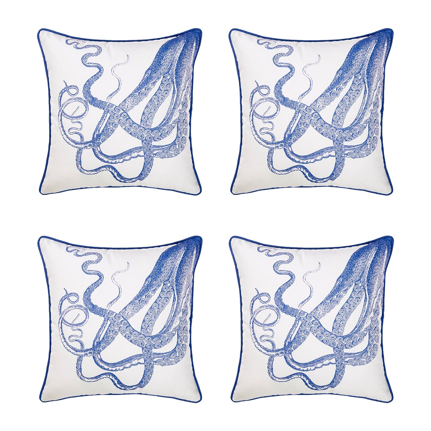 Decorative Set of 4 Nautical Coastal Throw Pillows 18" x 18" Square White & Blue