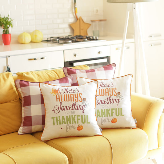 Fall Season Decorative Throw Pillow  Set of 4 Plaid & Quote 18" x 18" Yellow & Orange Square Thanksgiving for Couch, Bedding