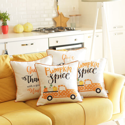 Fall Season Decorative Throw Pillow  Set of 4 Pumpkin Truck & Quote 18" x 18" White & Orange Square Thanksgiving for Couch, Bedding