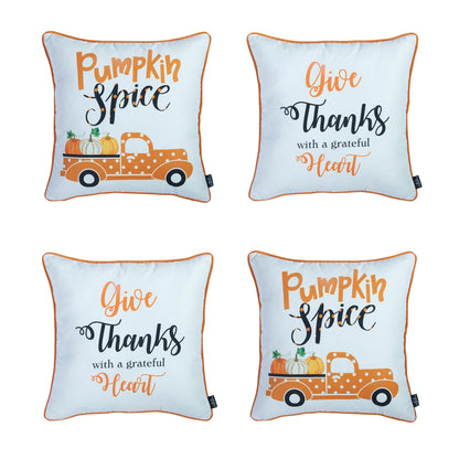 Fall Season Decorative Throw Pillow  Set of 4 Pumpkin Truck & Quote 18" x 18" White & Orange Square Thanksgiving for Couch, Bedding