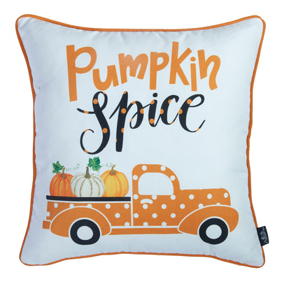 Fall Season Decorative Throw Pillow  Set of 4 Pumpkin Truck & Quote 18" x 18" White & Orange Square Thanksgiving for Couch, Bedding