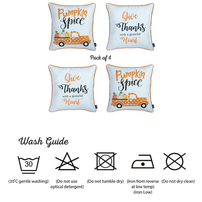 Fall Season Decorative Throw Pillow  Set of 4 Pumpkin Truck & Quote 18" x 18" White & Orange Square Thanksgiving for Couch, Bedding