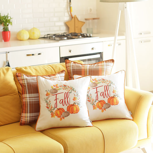 Fall Season Decorative Throw Pillow  Set of 4 Plaid & Pumpkins 18" x 18" Yellow & Orange Square Thanksgiving for Couch, Bedding