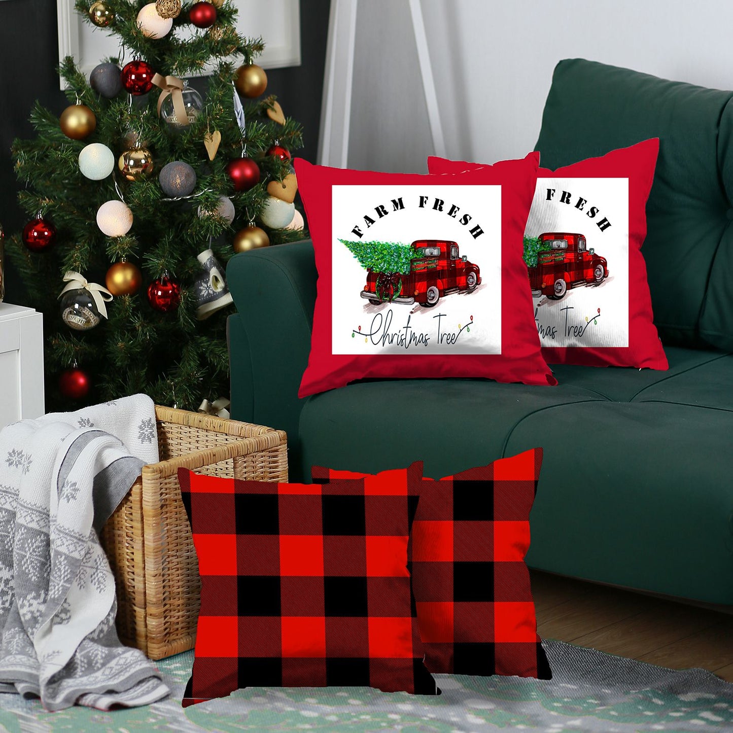 Christmas Plaid & Truck Decorative Throw Pillow Set of 4 Square 18" x 18" Red for Couch, Bedding