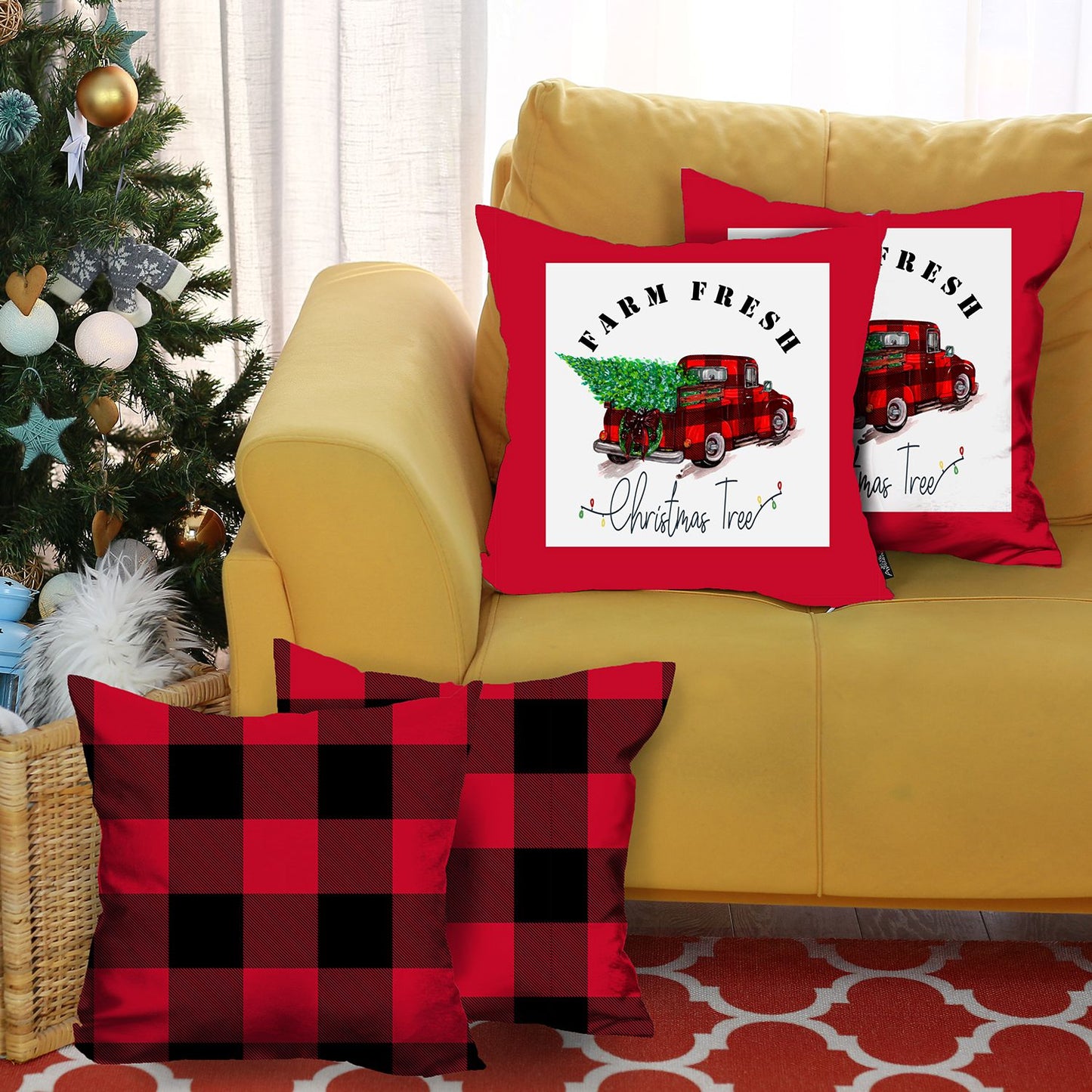 Christmas Plaid & Truck Decorative Throw Pillow Set of 4 Square 18" x 18" Red for Couch, Bedding