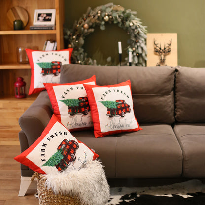 Christmas Truck Decorative Throw Pillow Set of 4 Square 18" x 18" Red & White for Couch, Bedding