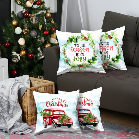 Christmas Car & Quote Decorative Throw Pillow Set of 4 Square 18" x 18" White & Red for Couch, Bedding